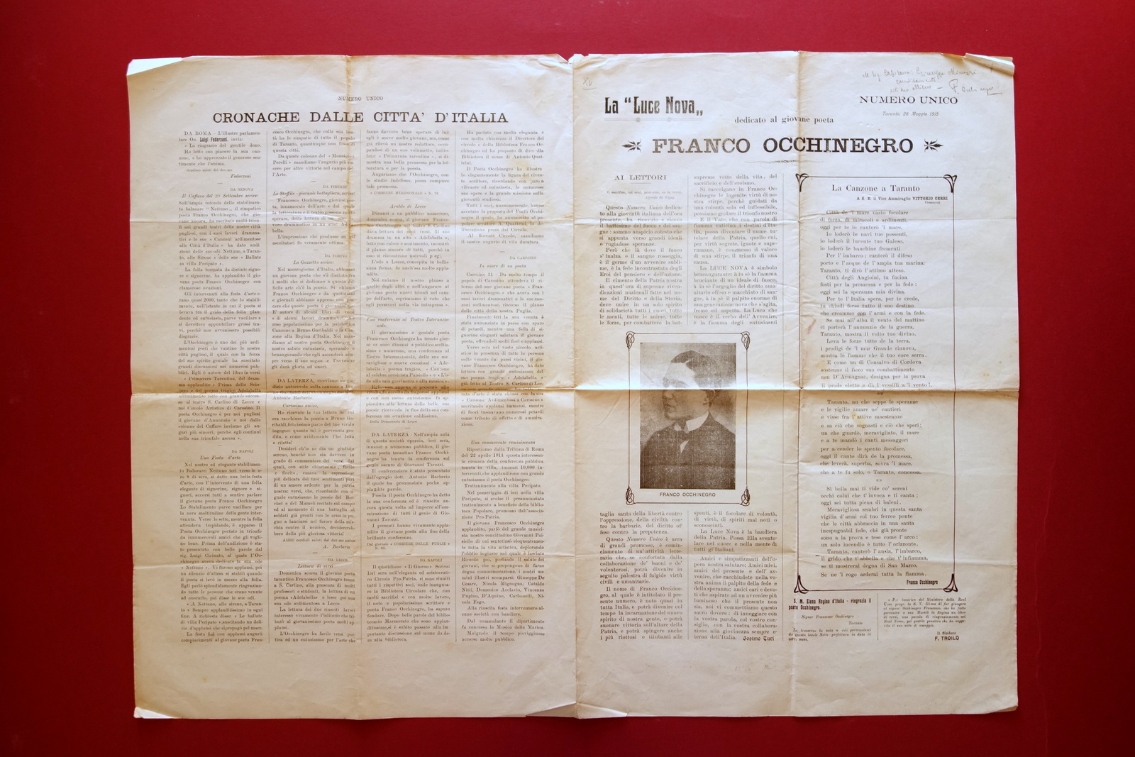 Franco Occhinegro Poeta Taranto Autografo Medaglia Argento V.M. Isonzo 1915