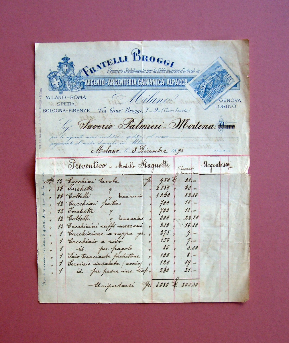 Fratelli Broggi Argenteria Milano preventivo 1895 bella carta intestata