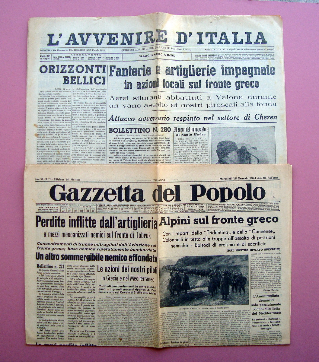 Fronte Greco WW2 due quotidiani completi Avvenire Gazzetta del Popolo