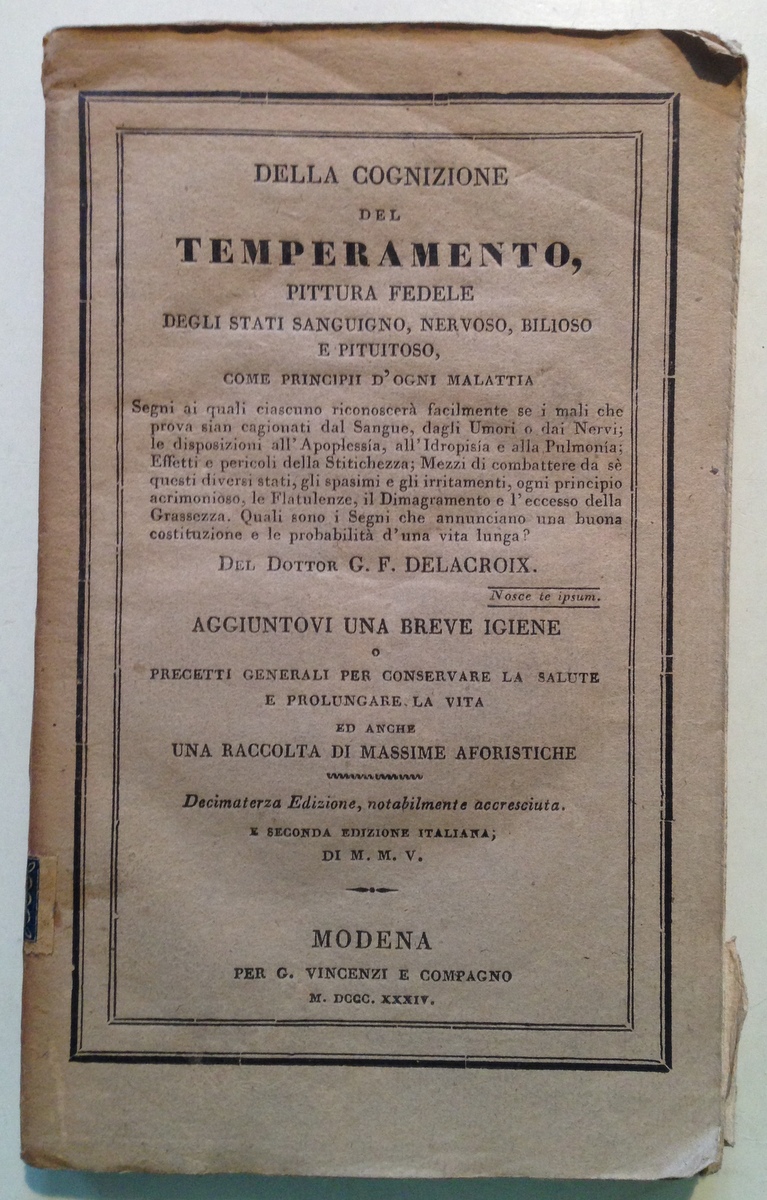 G. F. Delacroix Della Cognizione del Temperamento Stato Sanguigno Nervoso …