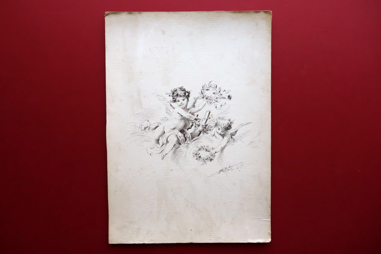 Galileo Cavallari Murat Disegno a China Putti 1898 Originale Comacchio