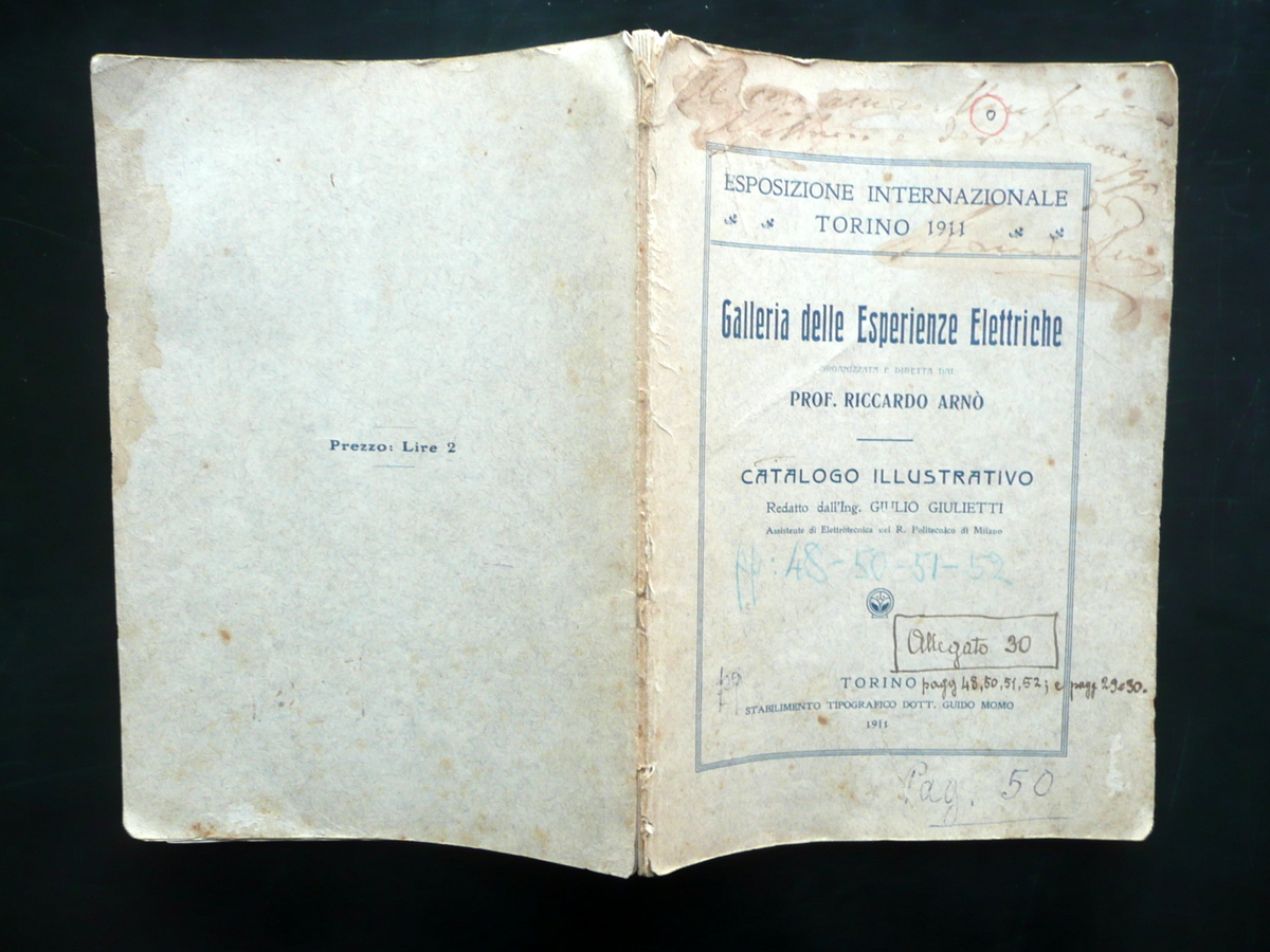 Galleria delle Esperienze Elettriche Torino 1911 Autografo ArnÚ Marconi Ferraris