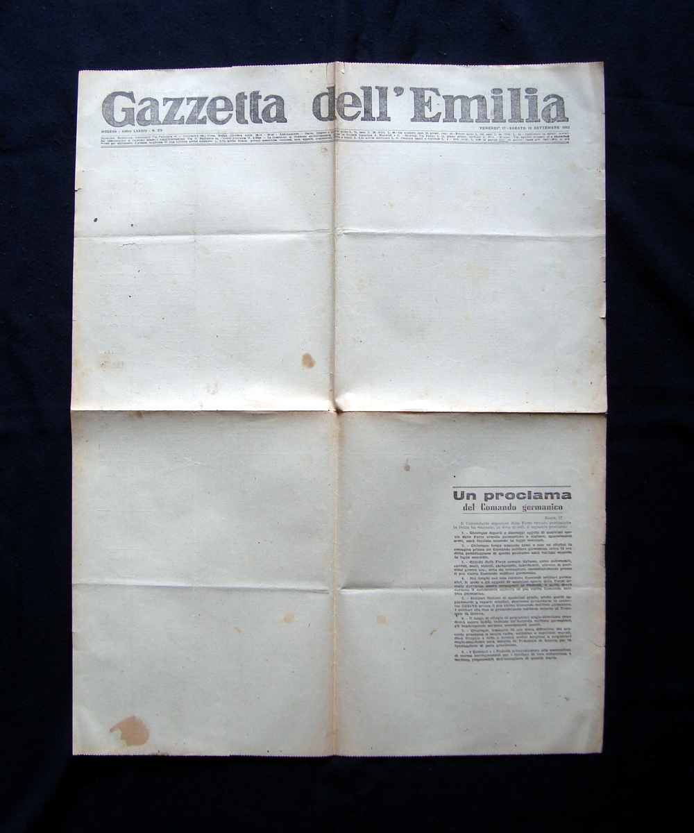 Gazzetta dell'Emilia Anno LXXXIV N 272 17 18 Settembre 1943 …