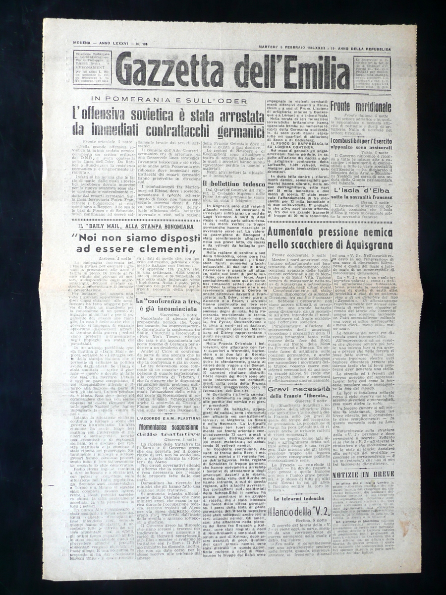 Gazzetta dell'Emilia Anno LXXXVI N.100 6 Febbraio 1945 WW2 2∞Guerra …