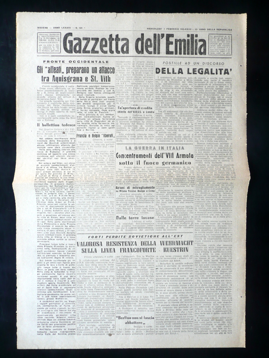 Gazzetta dell'Emilia Anno LXXXVI N.101 7 Febbraio 1945 WW2 2∞Guerra …