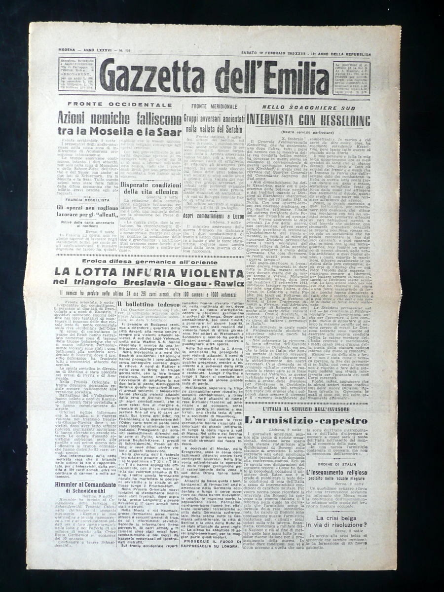 Gazzetta dell'Emilia Anno LXXXVI N. 104 10/2/1945 WW2 2∞ Guerra …
