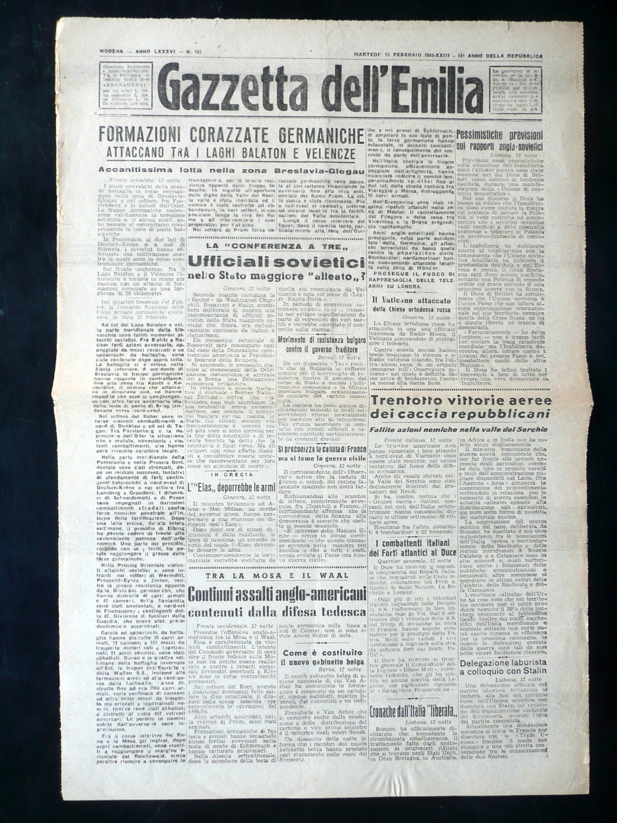 Gazzetta dell'Emilia Anno LXXXVI N. 107 13/2/1945 WW2 2∞ Guerra …