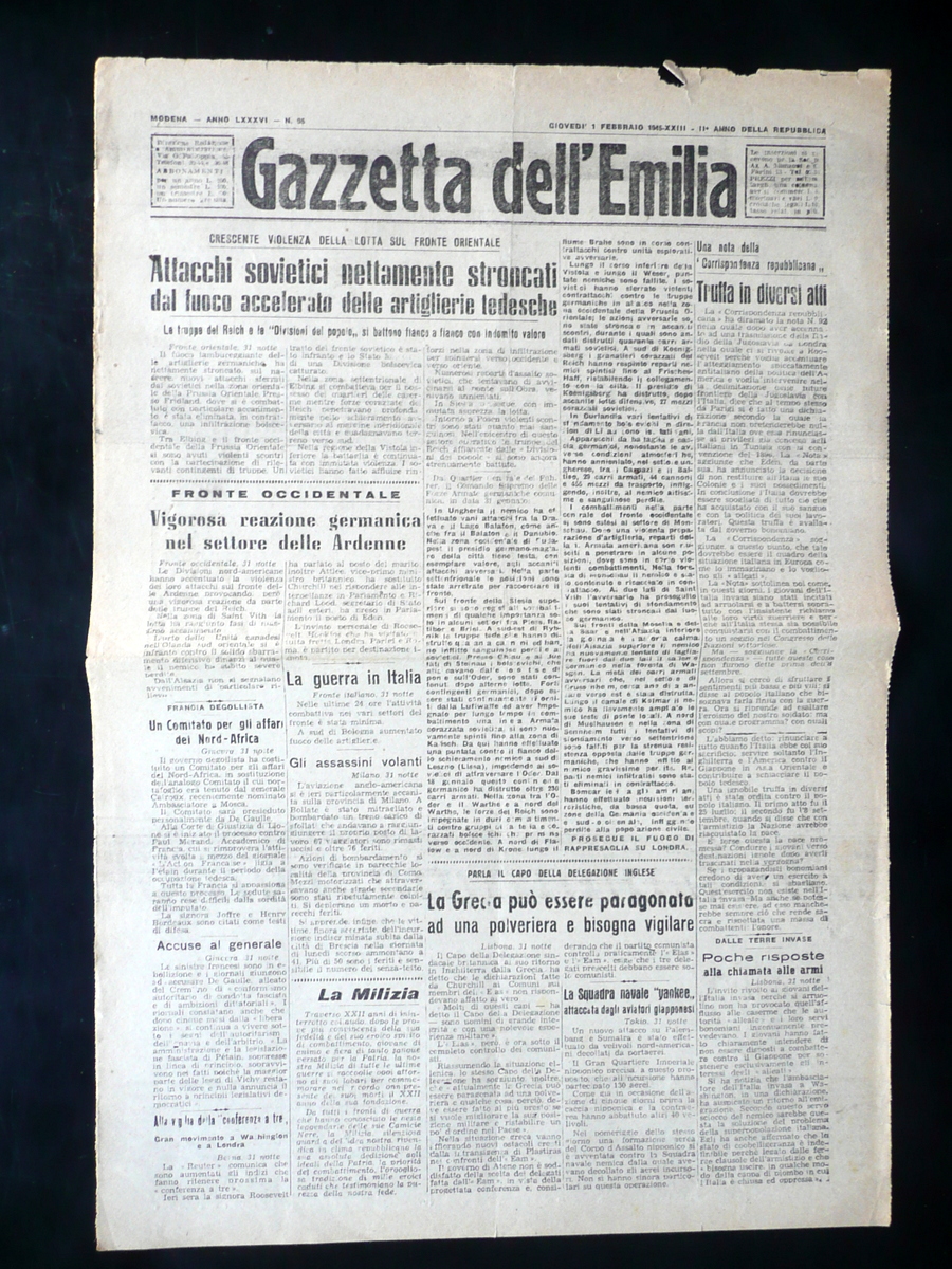 Gazzetta dell'Emilia Anno LXXXVI N. 95 1 Febbraio 1945 WW2 …