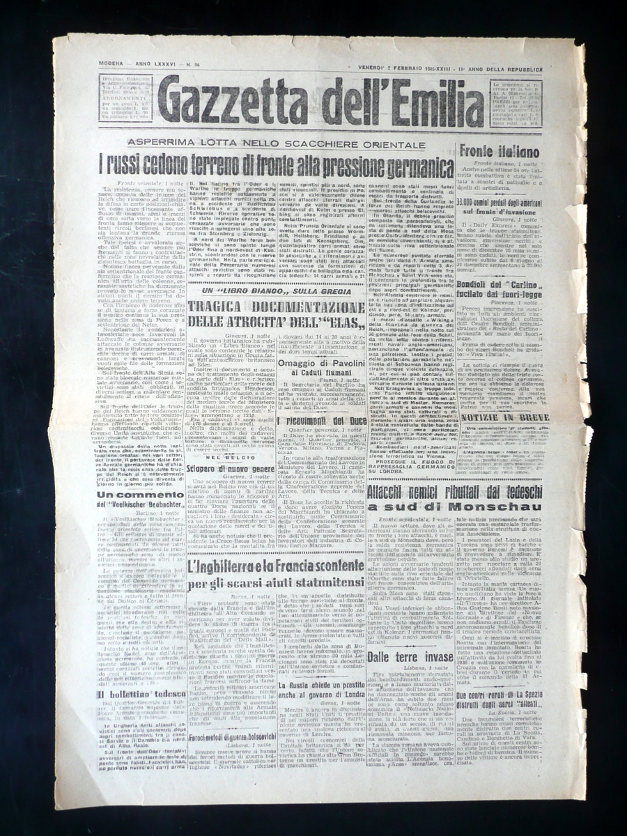 Gazzetta dell'Emilia Anno LXXXVI N. 96 2 Febbraio 1945 WW2 …