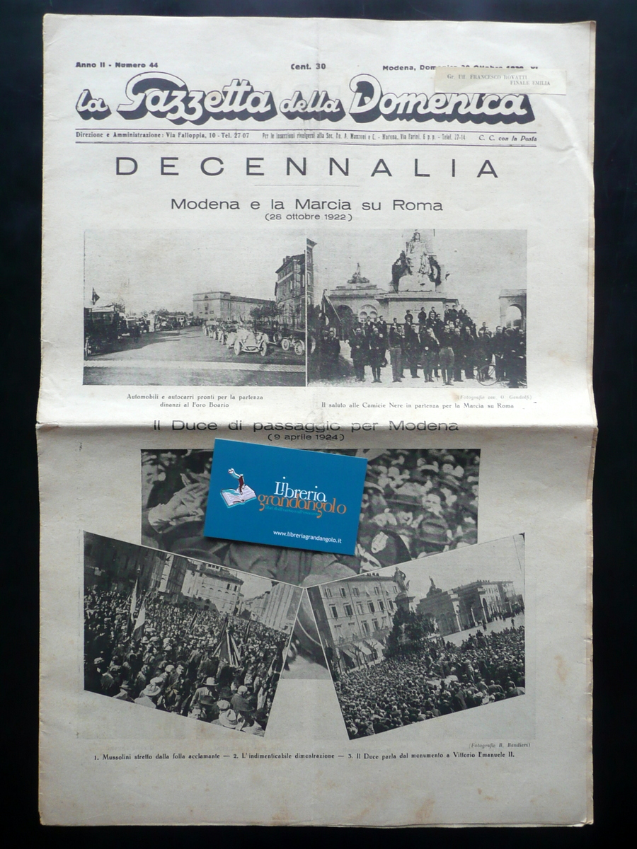 Gazzetta della Domenica Anno II N.44 Modena 30/10/1932 Decennale Marcia …