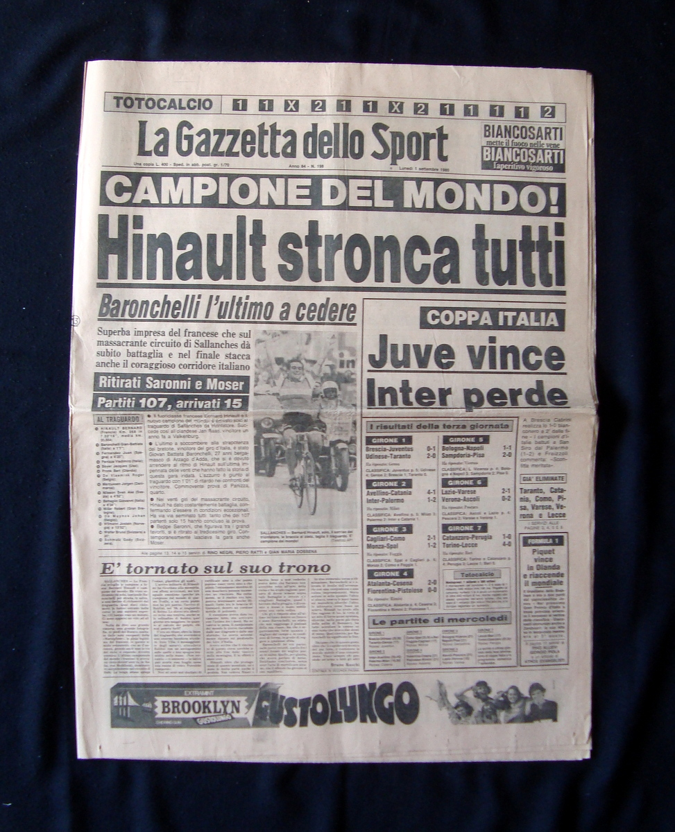 Gazzetta dello Sport Hinault Campione del Mondo Anno 84 n.198 …