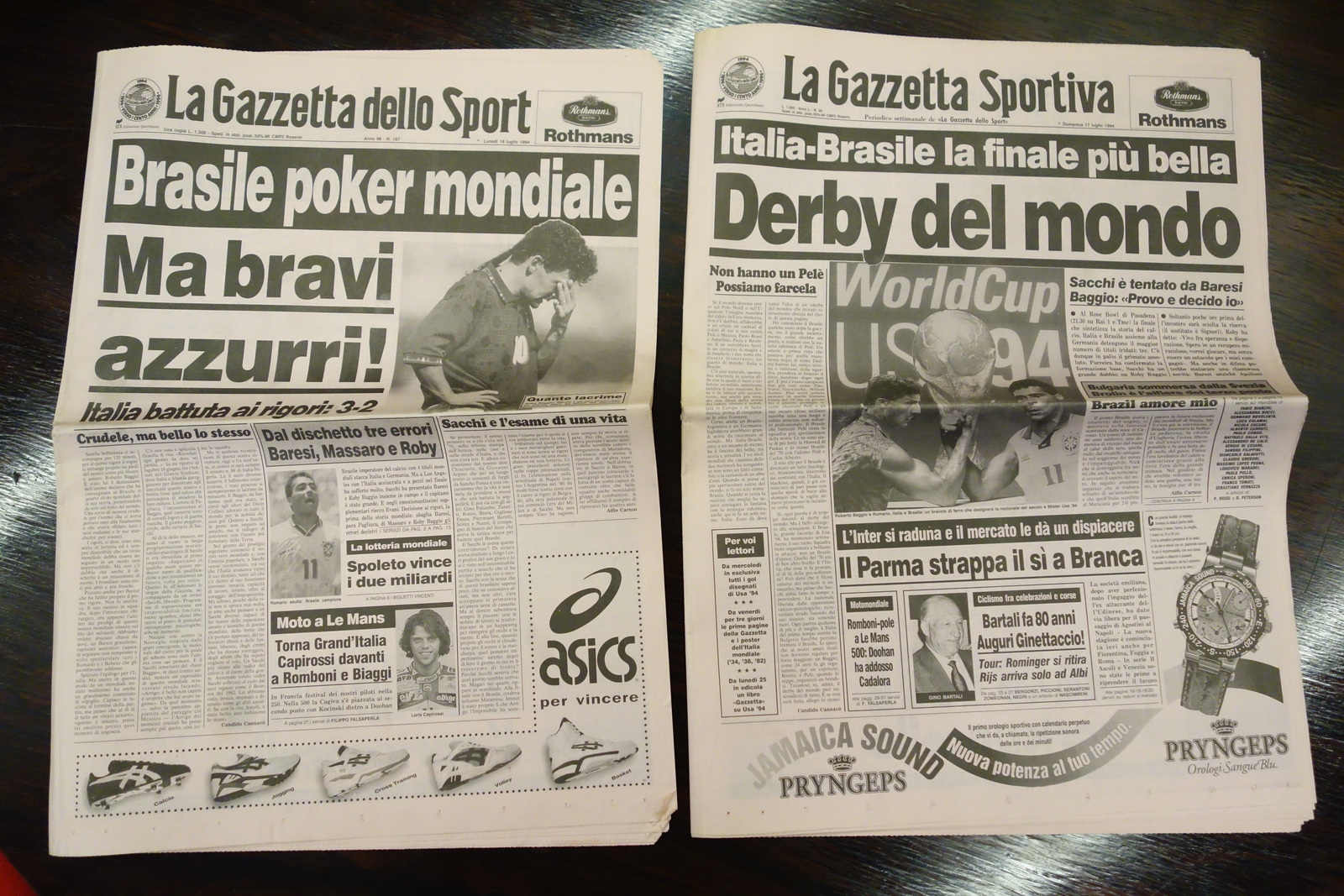 GAZZETTA DELLO SPORT ITALIA BRASILE MONDIALI CALCIO USA 1994 BAGGIO …