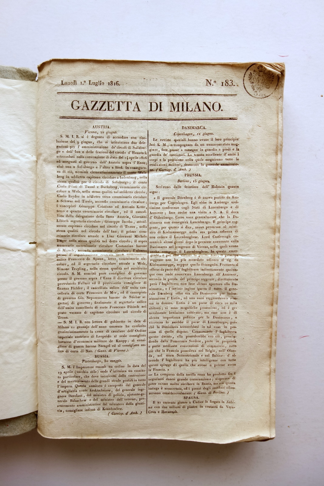 Gazzetta di Milano 92 Numeri Completi 1 Luglio-30 Settembre 1816 …