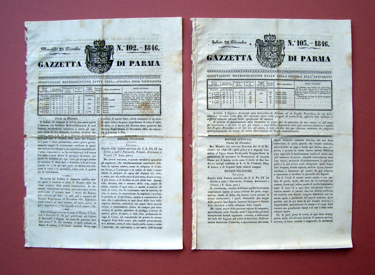 Gazzetta di Parma dicembre 1846 due numeri 102 103