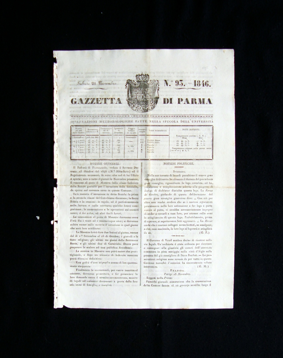 Gazzetta di Parma N 93 21 Novembre 1846 Ducato stemma