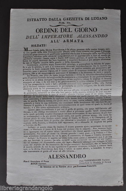 Gazzetta Lugano Imperatore Alessandro Russia Napoleone Francia 1815