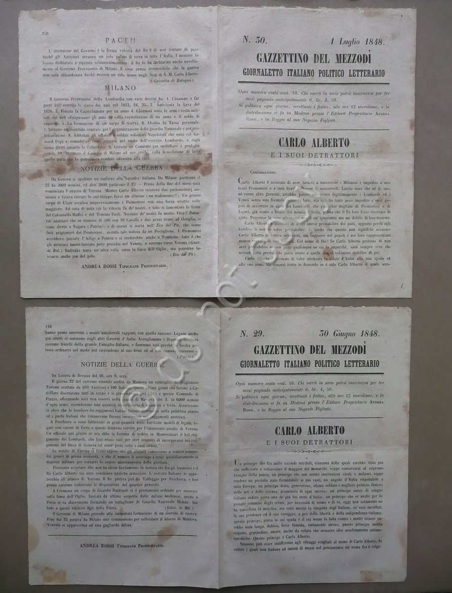 Gazzettino del MezzodÏ 30 Giugno 1 Luglio 1848 Carlo Alberto …