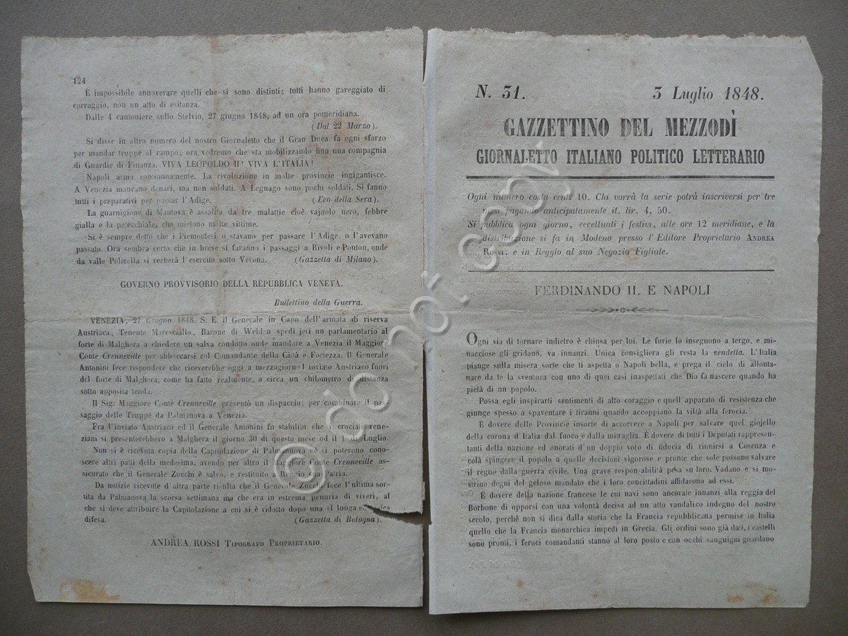 Gazzettino del MezzodÏ N.31 3 Luglio 1848 Ferdinando II Risorgimento …