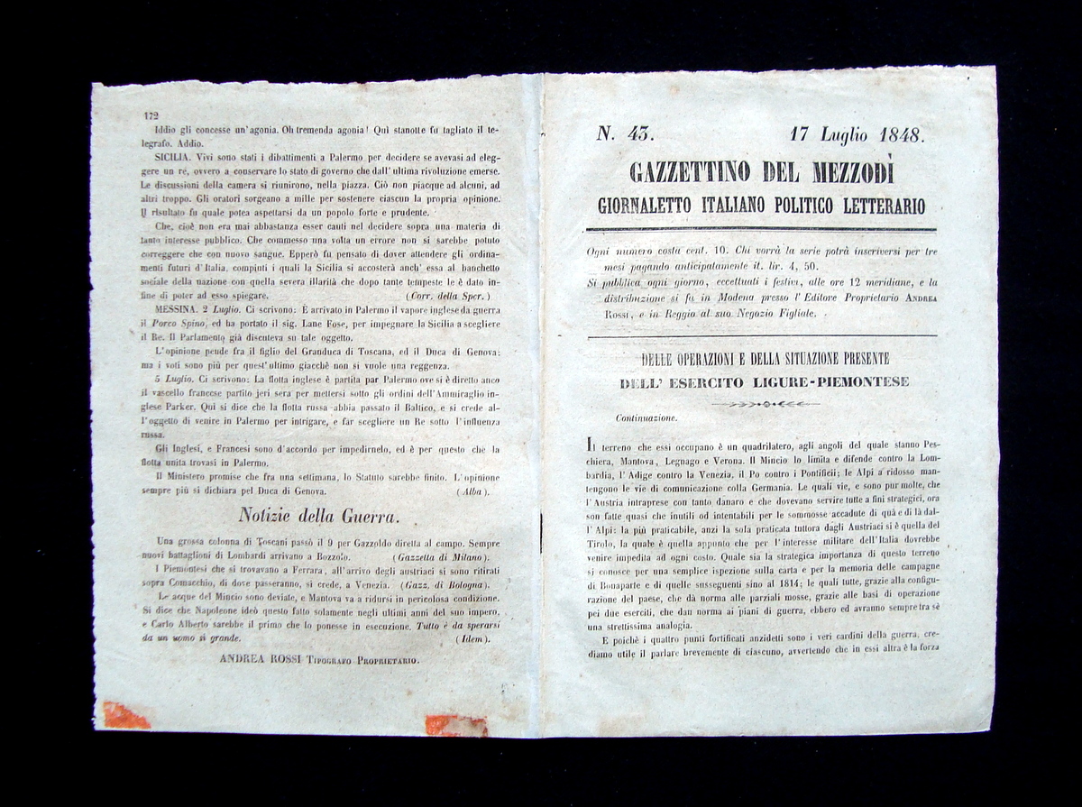 Gazzettino del MezzodÏ N.43 17 luglio 1848 Peschiera Mantova Risorgimento