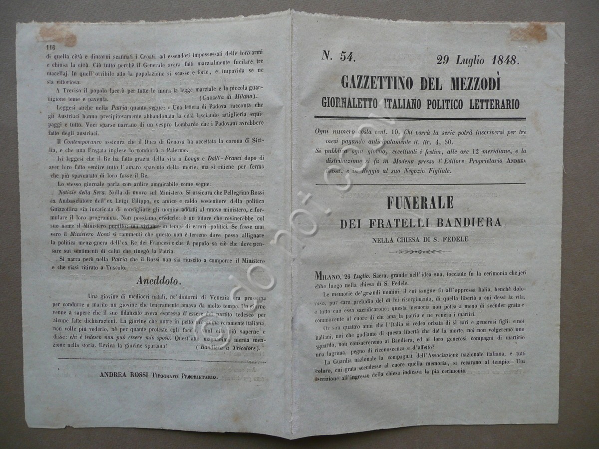 Gazzettino MezzodÏ N.54 29 Luglio 1848 Funerale Fratelli Bandiera Risorgimento