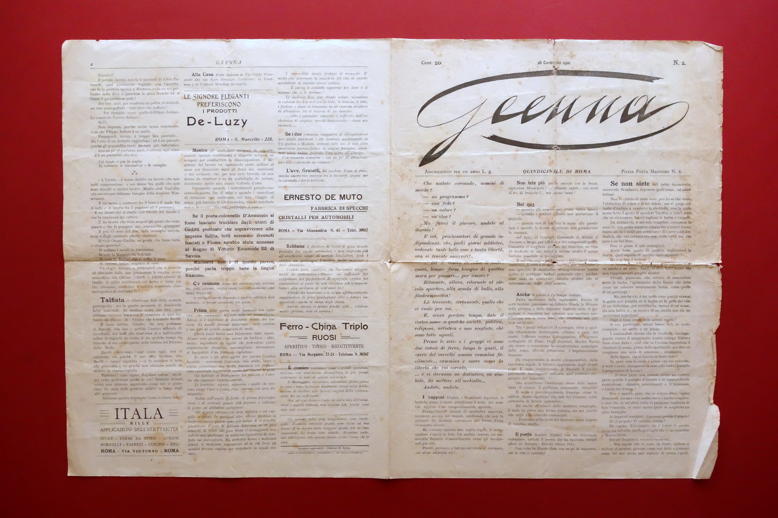 Geenna Giornale Quindicinale di Roma Num. 2 28/1/1921 D'Annunzio Marinetti …