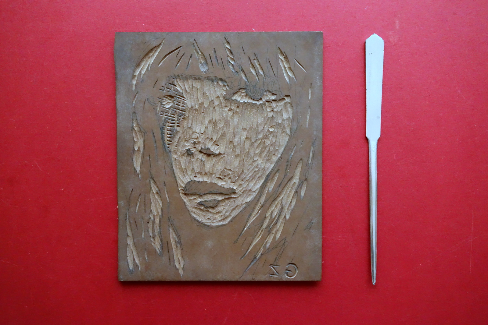 Ghigo Zanfrognini Lastra su Linoleum Siglata Volto di Donna Femminile …