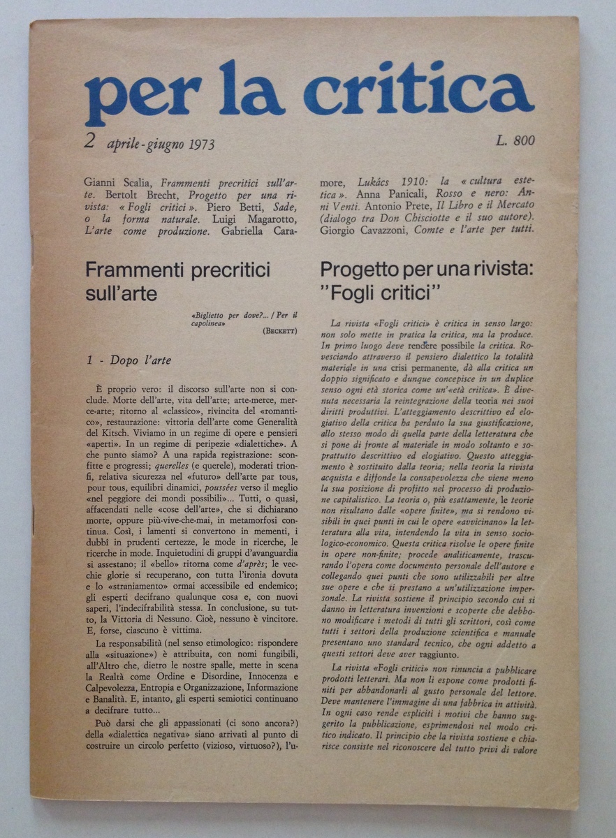 Gianni Scalia Per la Critica N 2 Aprile Giugno 1973 …