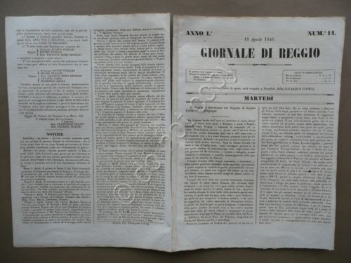 Giornale di Reggio 11 Aprile 1848 N.14 Radetzky Selmi Indipendenza …