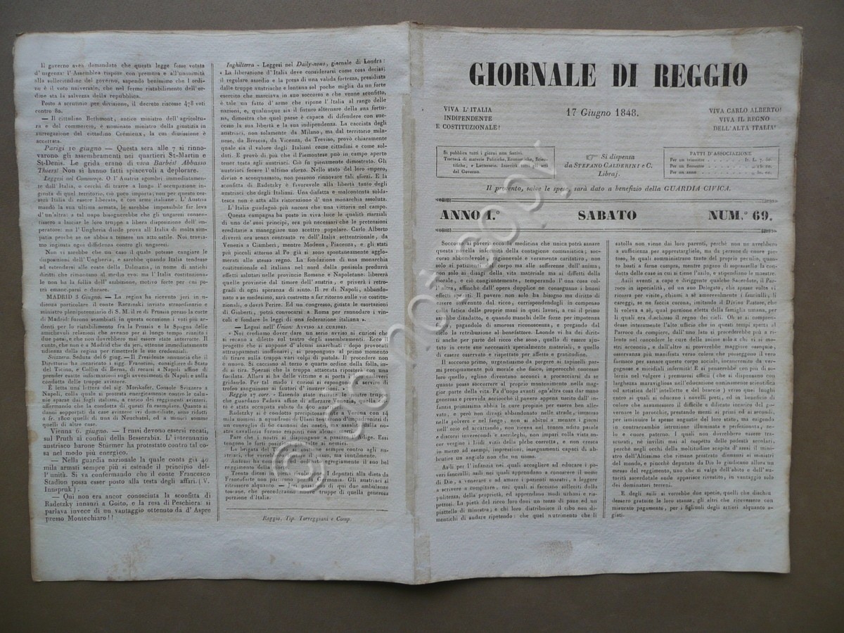 Giornale di Reggio 17 Giugno 1848 N.69 Selmi Valeggio Goito …
