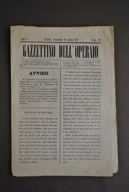 Giornale Gazzettino Operaio Societ‡ Operaia Modena Lavoro Notizie 1873