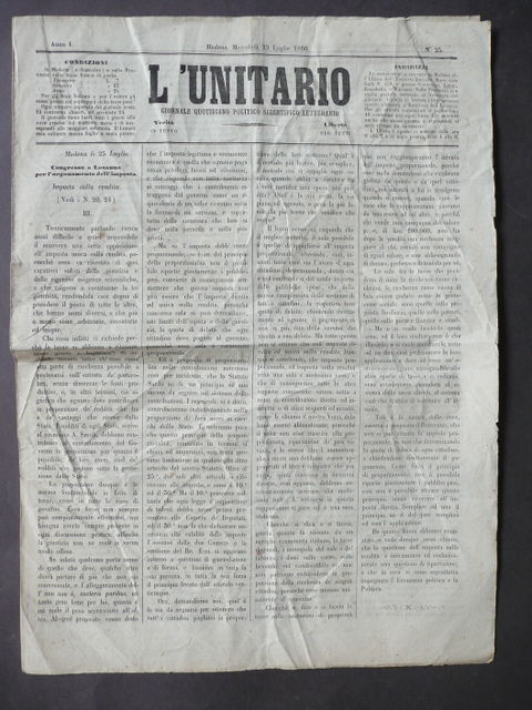 Giornale L'Unitario Risorgimento Disertori Ravenna Garibaldi Messina Modena 1860