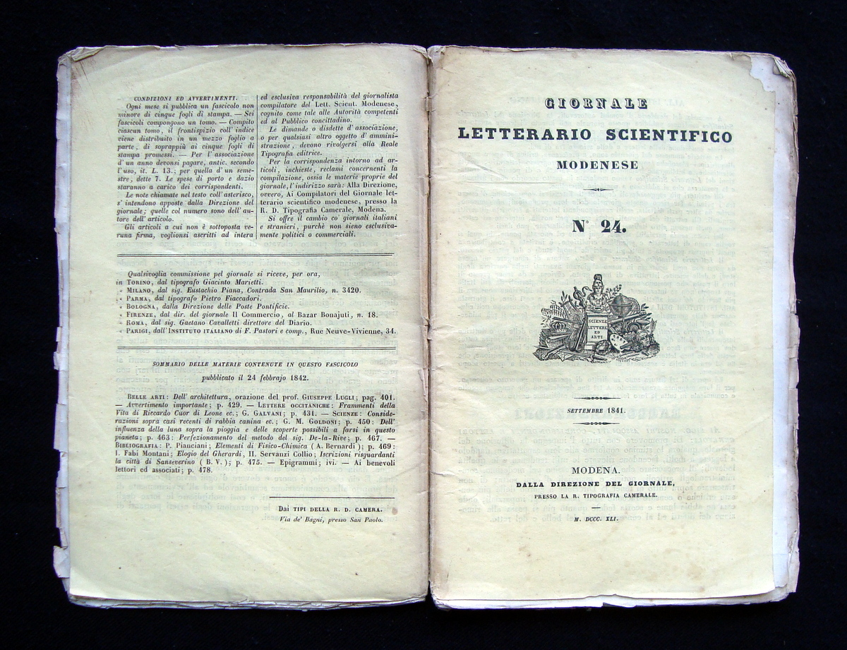 Giornale Letterario Scientifico Modenese N 24 Settembre 1841 Michele Goldoni