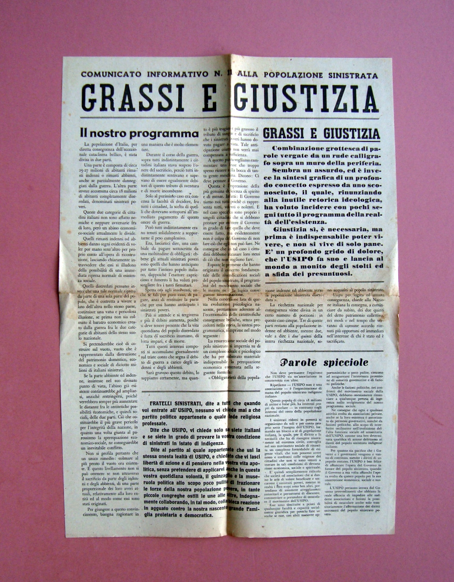 Giornale volante Bologna Grassi e Giustizia Popolazione sinistrata indigente