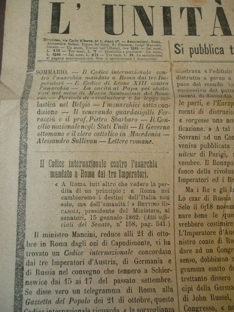 Giornali '800 Unit‡ Cattolica Codice internazionale contro Anarchia Roma 1884