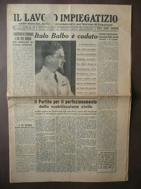 Giornali Episodi Storici Morte Italo Balbo Aviazione Aereonautica 1940