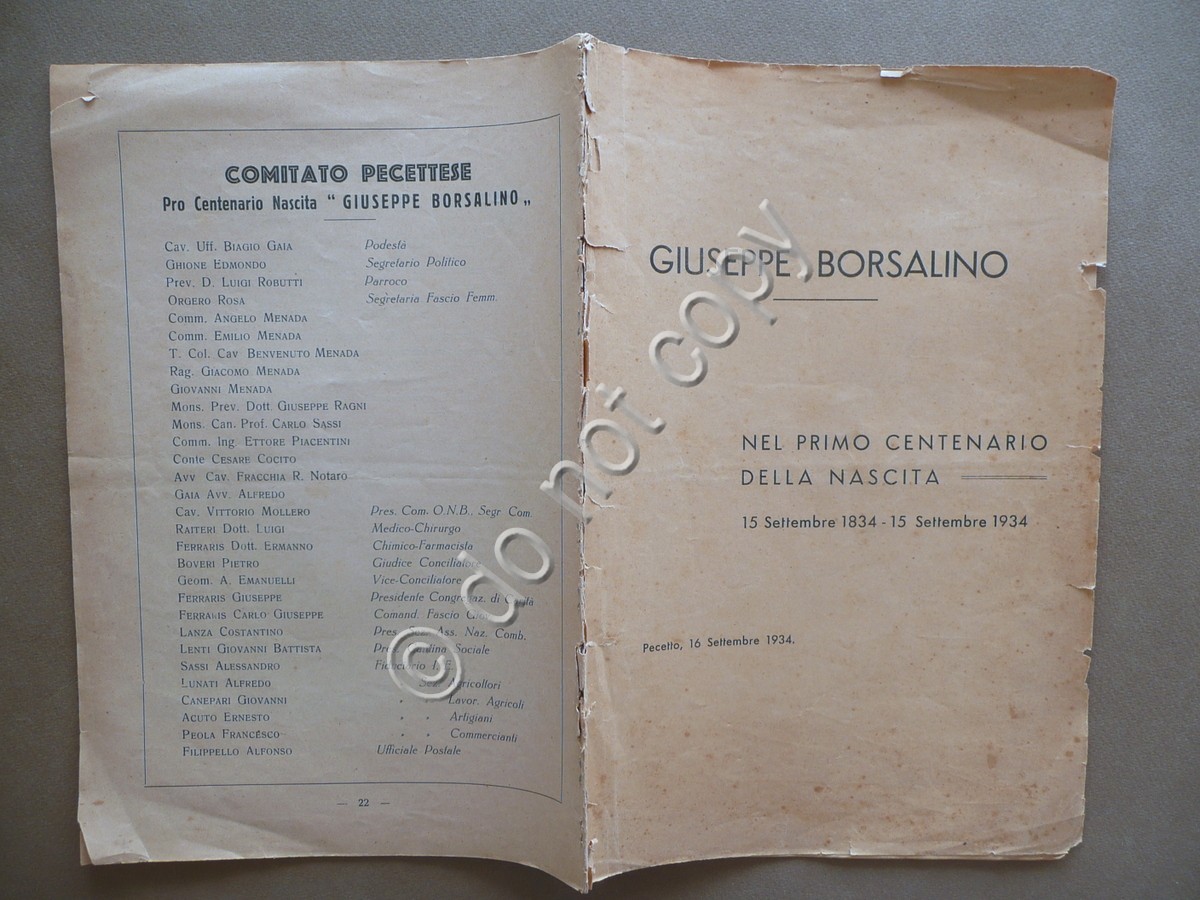 Giuseppe Borsalino nel Primo Centenario della Nascita 1834 1934 Pecetto …