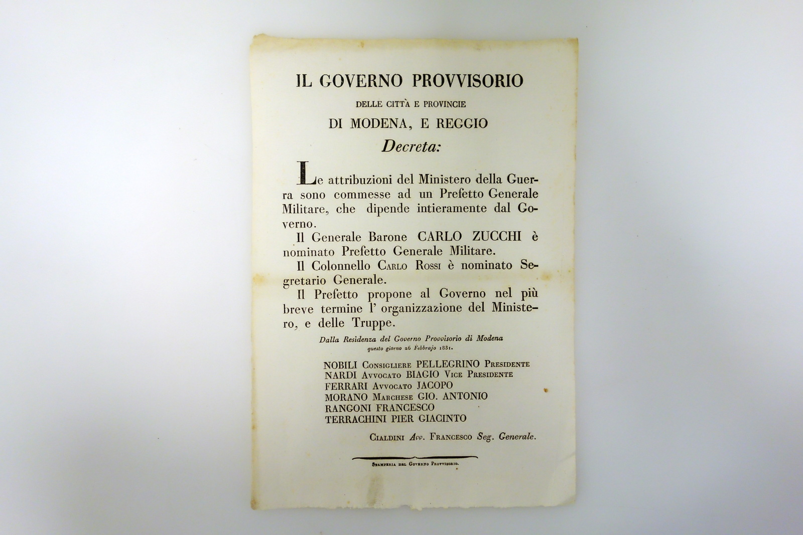 Governo Provvisorio Modena e Reggio Nomina Prefetto Militare Zucchi Nardi …