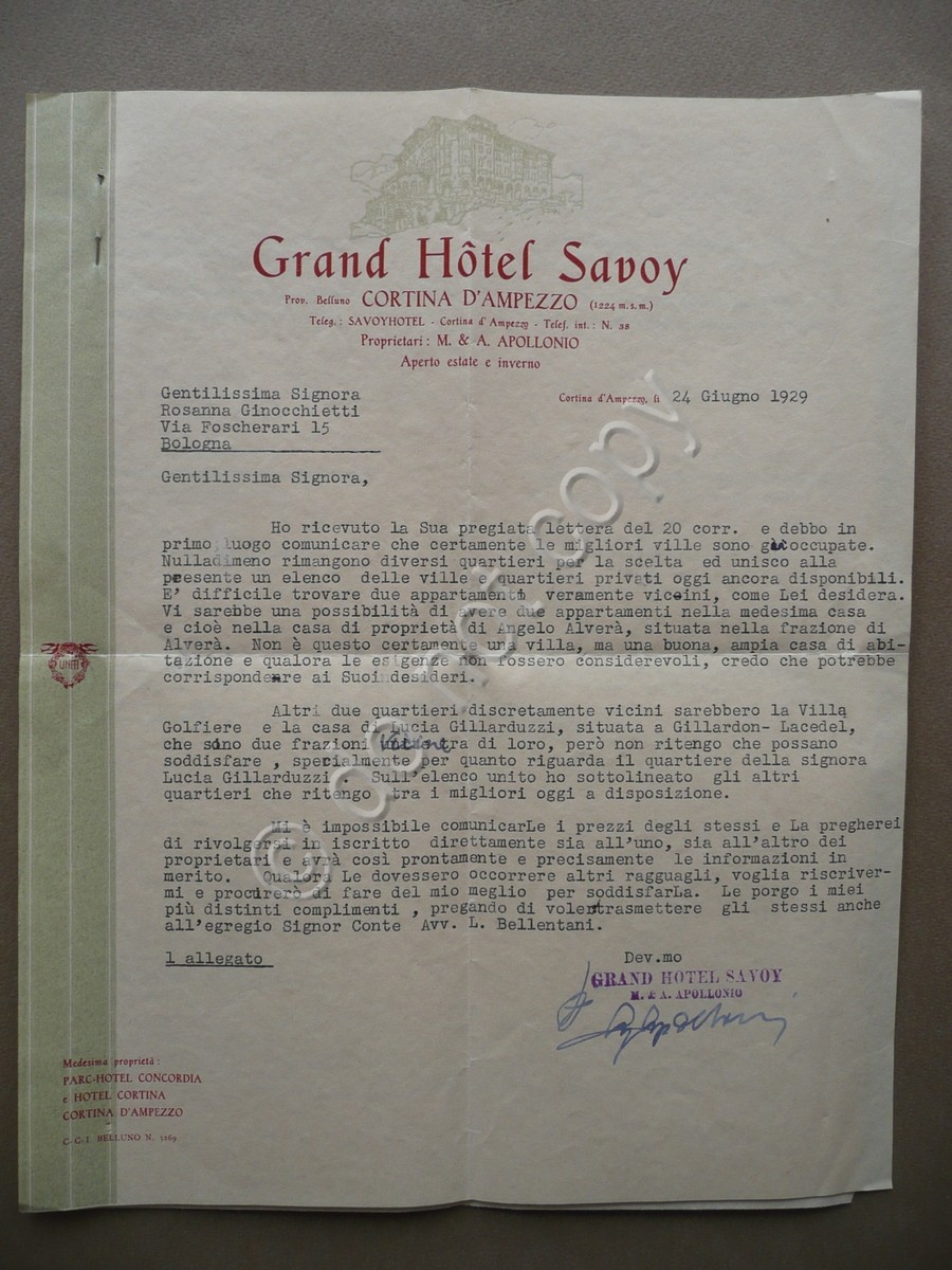 Grand Hotel Savoy Cortina 1929 Lettera Disponibilit‡ Ville Appartamenti Alver‡