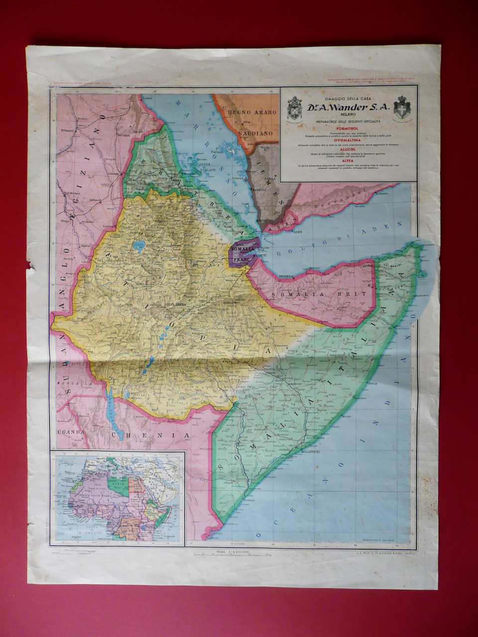 Grande Carta Geografica Africa Orientale Wander Milano Pubblicit‡ Farmacia 1935