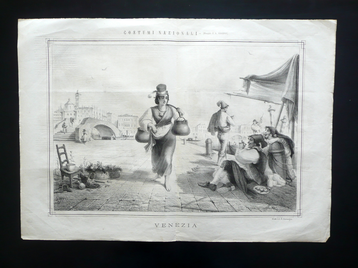 Grande Litografia Costumi Veneziani Venezia Pagina Centrale Lo Spirito Folletto