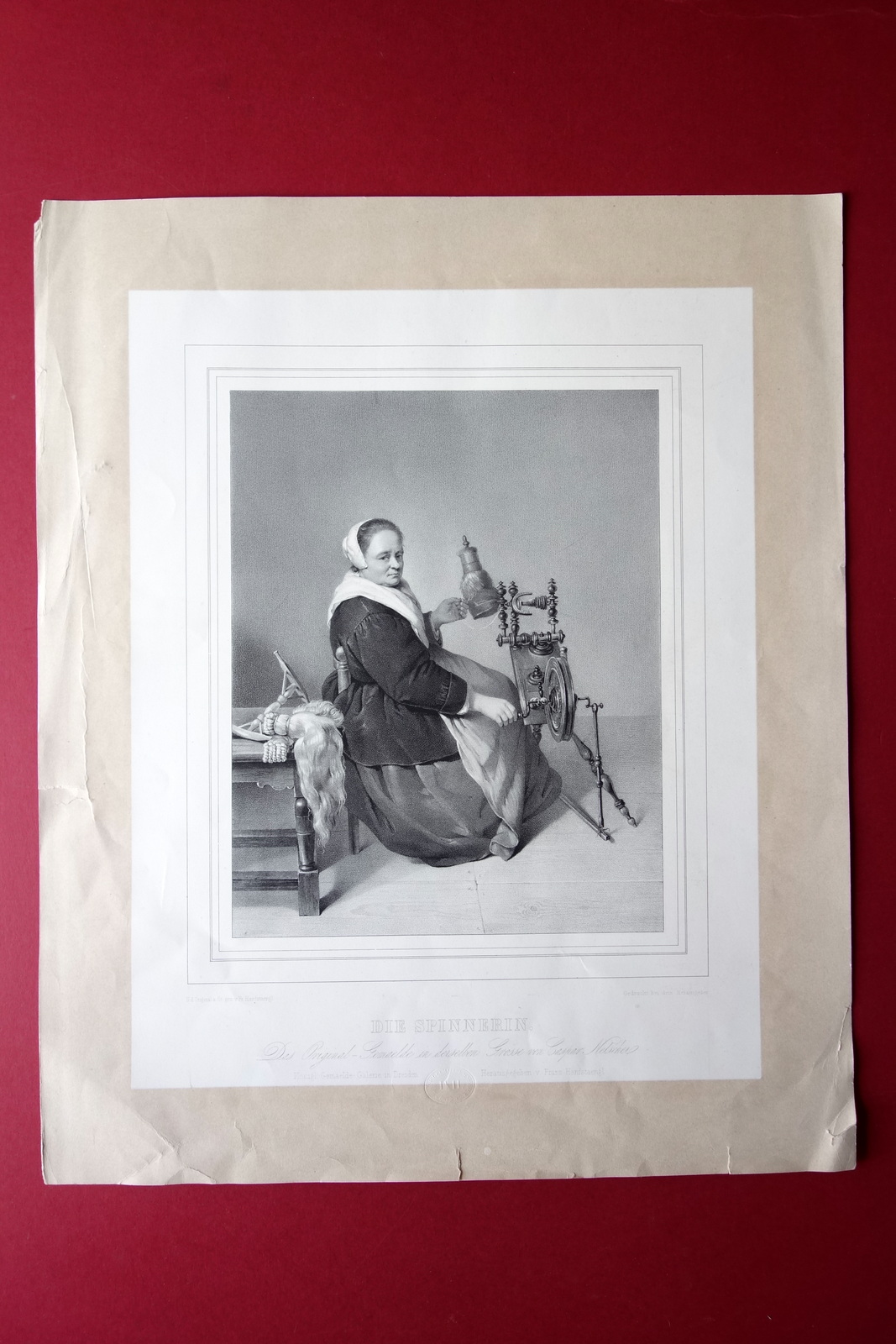 Grande Litografia Die Spinnerin Filatrice F. Hanfstaengel Dresda Met‡ Ottocento
