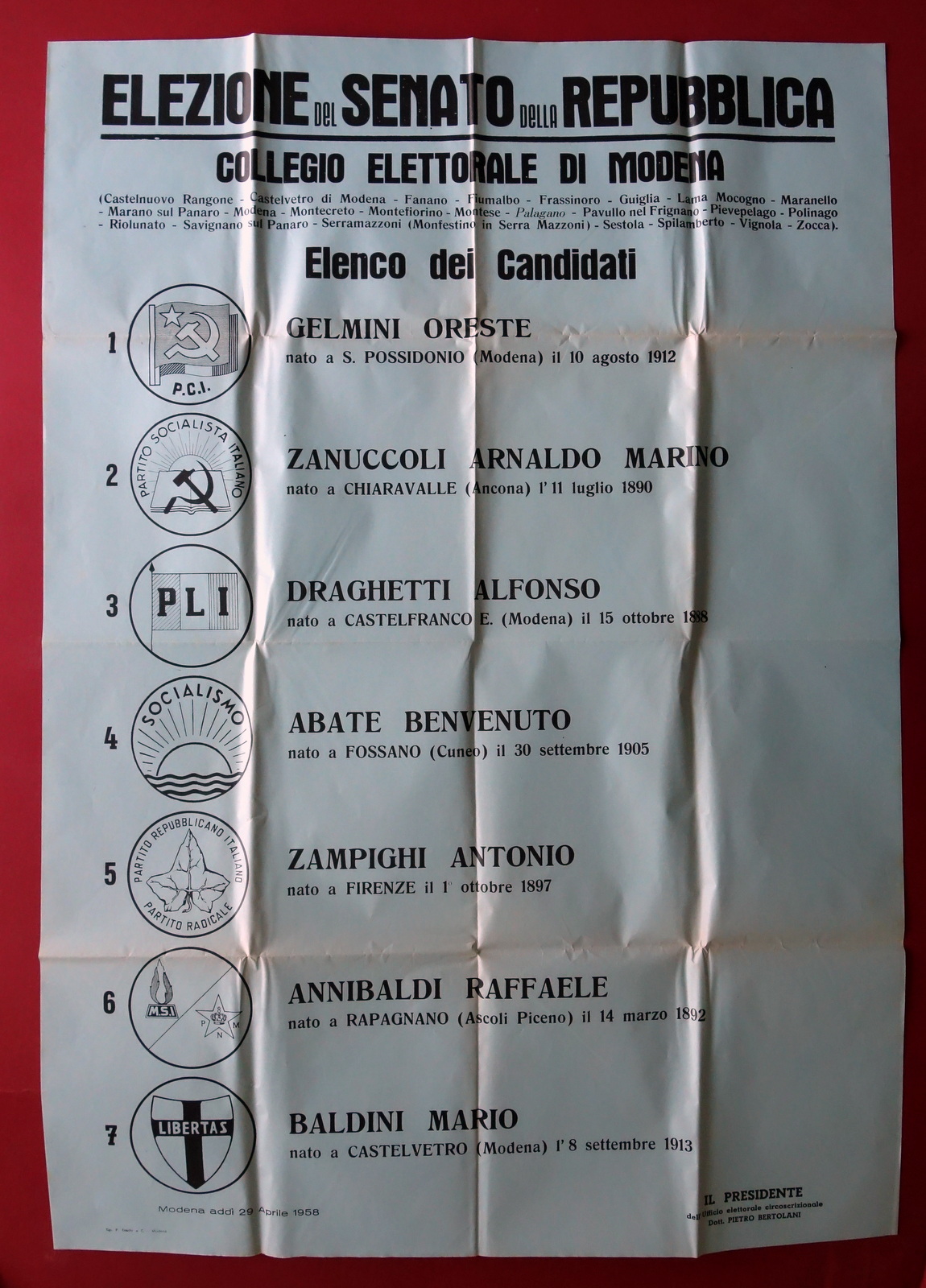 Grande Manifesto Elezione del Senato della Repubblica Modena Candidati 1958