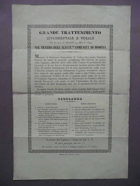 Grande Trattenimento Istrumentale E Vocale Locandina Violino Teatro Musica 1844
