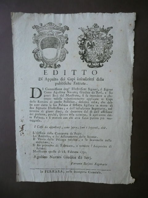 Grida 1700 Ferrara 1750 Doppio Stemma Appalto Acquavita Ariano Vuoto …