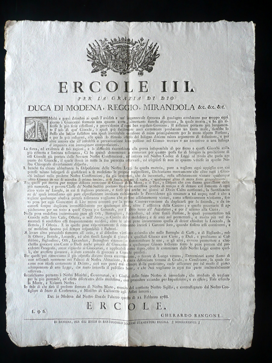 Grida 1788 Gioco d'Azzardo Giochi Regole Limitazioni Pene Luoghi Modena …