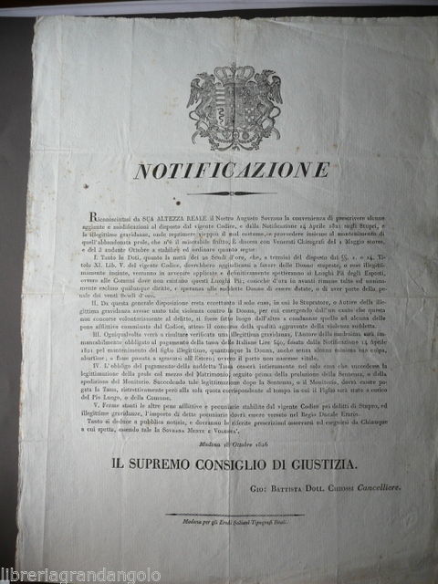 Grida 1826 Stupri Gravidanze illegittime Ducato Modena Disposizioni Pene Donne