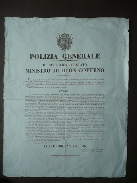 Grida 1832 Licenza di Caccia Armi Polizia Generale Modena Ducato …