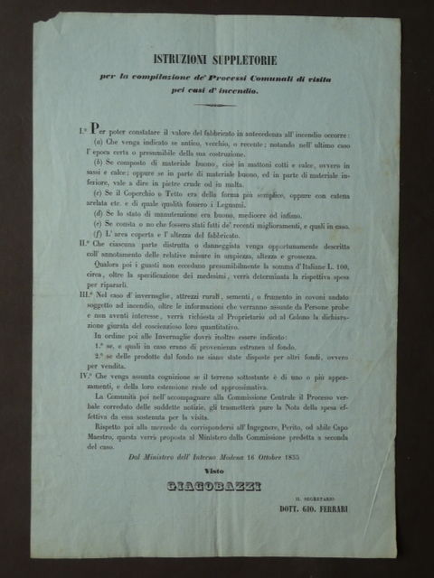 Grida '800 Istruzioni Visita Casi Incendio Stati Estensi Incendi Giacobazzi …