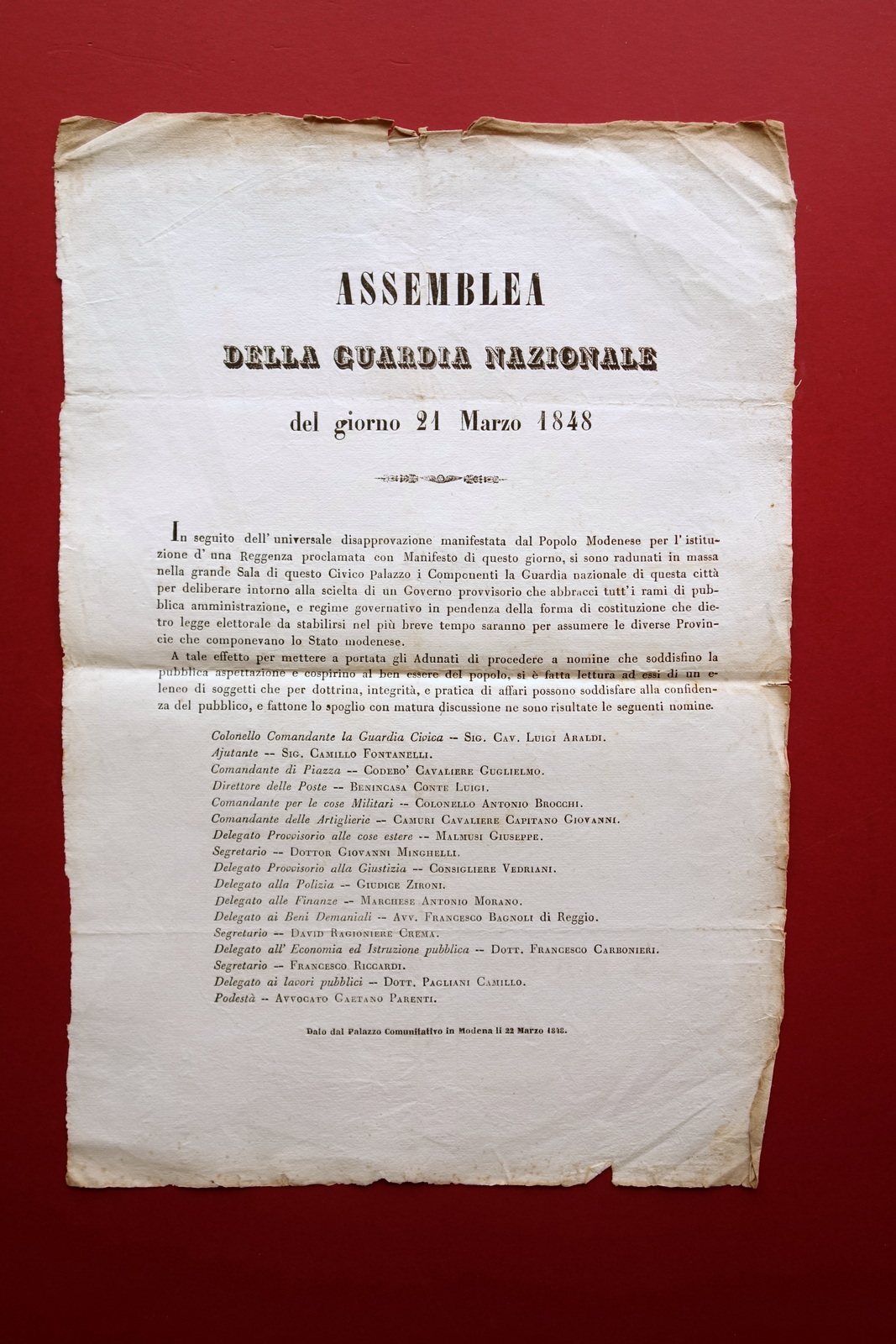 Grida Assemblea della Guardia Nazionale Modena 1848 Nomina Reggenza Incarichi