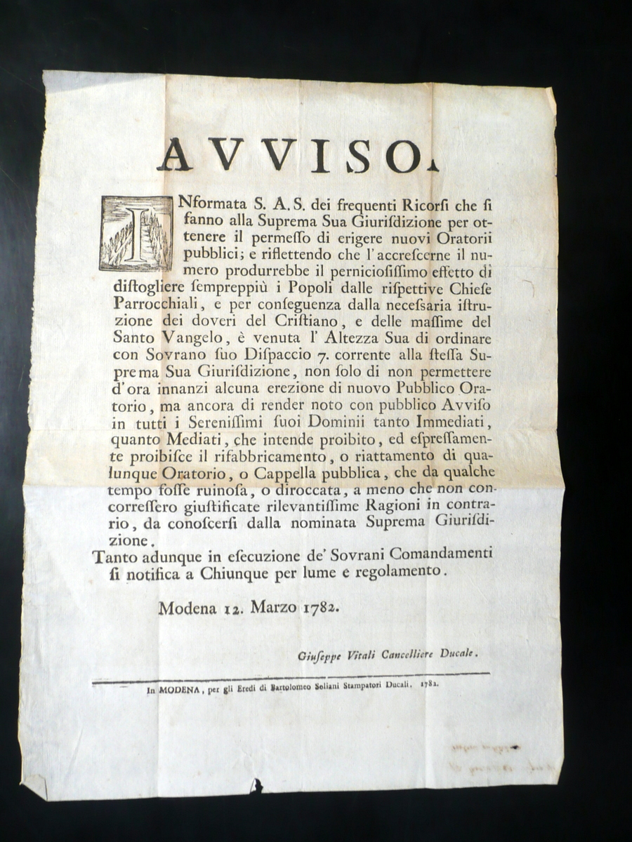 Grida Avviso Erezione Oratori Pubblici Permessi Modena Soliani 1782